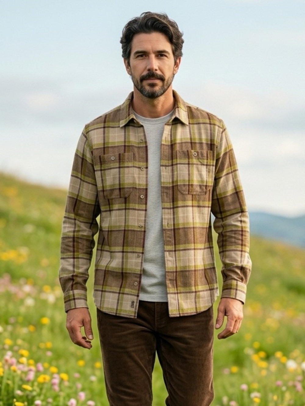 NWT Alpine Men’s Brushed Flannel Long Sleeve Shirt Brown Yellow Plaid - Size L
